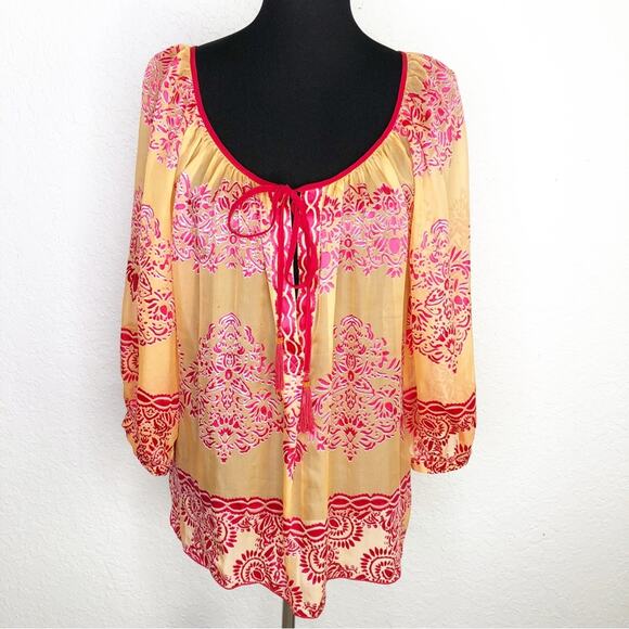 Hale Bob orange and pink sheer floral silk top size Large - Picture 1 of 16